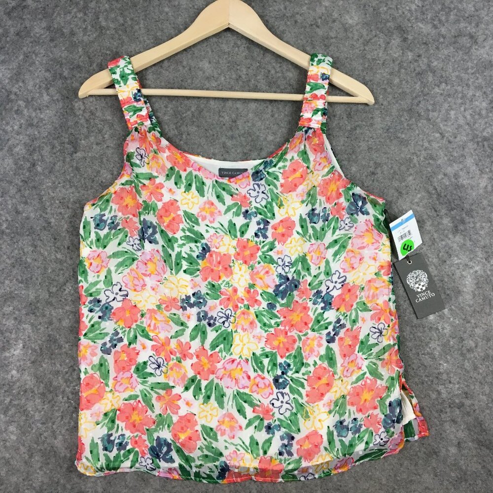 Vince Camuto Tank Top M Watercolor Floral Print Scoop Neck Layered Chiffon Retro